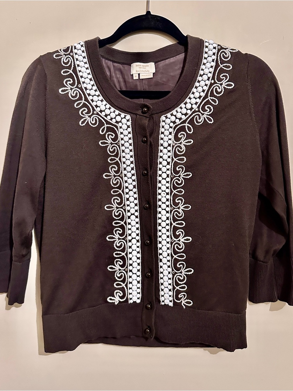 Kate Spade brown crewneck cardigan white embroidered trim and beading